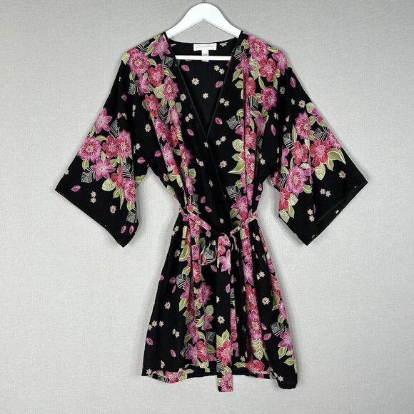 Oscar De La Renta Womens Sleepwear Medium Black Robe Kimono Sleeve Floral Boho